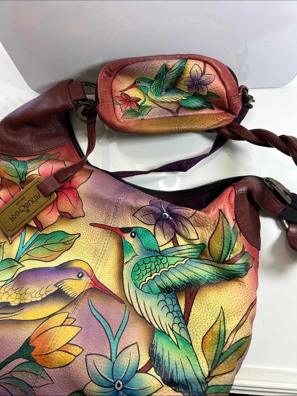 NWOT Anuschka Hand Painted Leather Shoulder Satchel & Coin Change Purse
